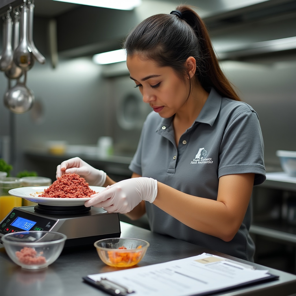 Consultant weighing food portions in kitchen
