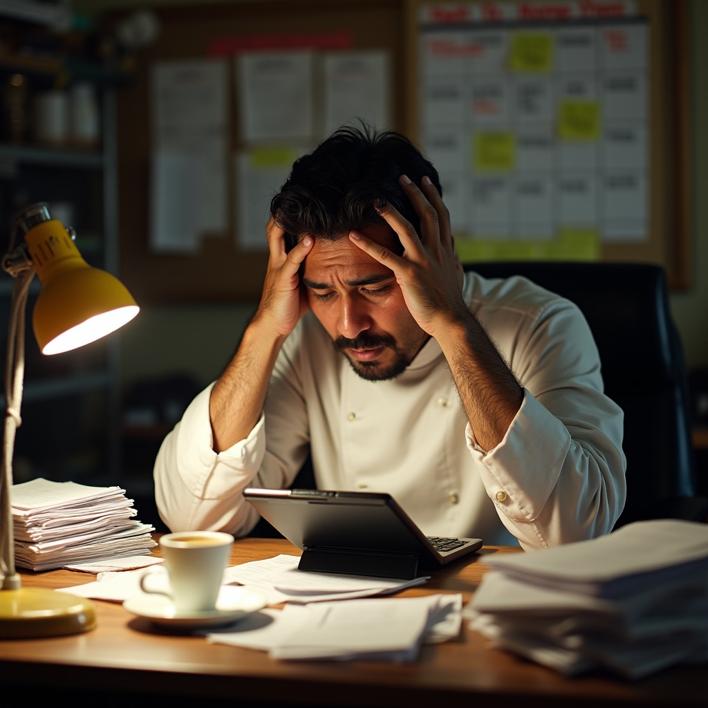Restaurant owner looking concerned at paperwork